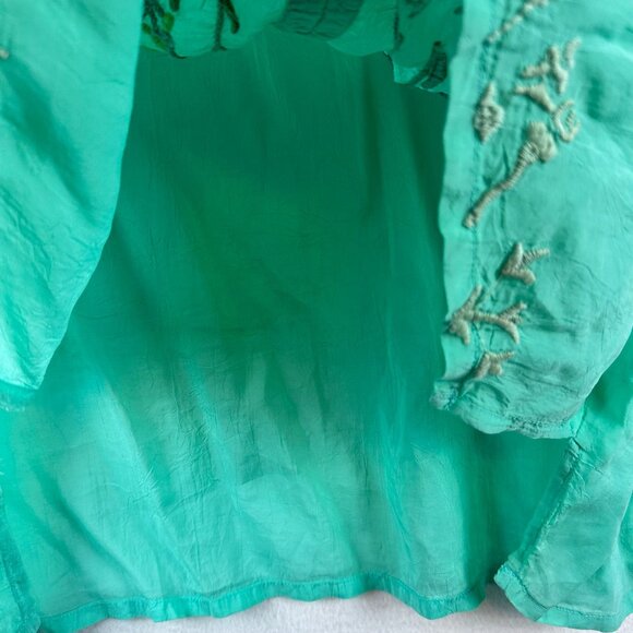 Johnny Was Embroidered Floral Tunic Top Green Boho V-Neck Tie Sleeve Womens M - Picture 8 of 12